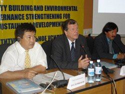 From left to the right: Mr. Omor Rustembekov, Director of the Department of Ecology and Nature Management of the Ministry of Emergency Situation and Ecology of the Kyrgyz Republic, Mr. Jerzy Skuratowicz, UNDP Resident Representative and Zharas Takenov, UNDP International Senior Programme Officer